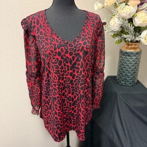 Cato Red & Black Leopard Print Chiffon Blouse - Size Large